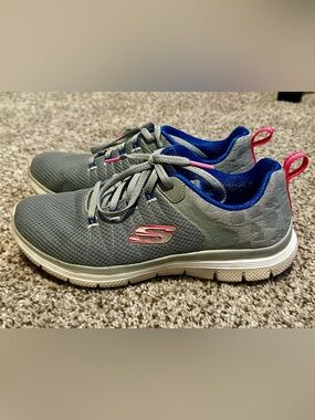 Skechers Gray Sneakers with Blue Lining and Pink Accents
